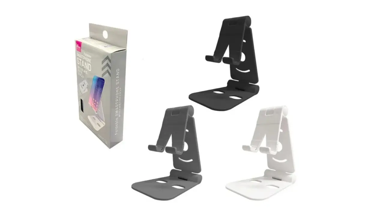 Black, grey, and white foldable smartphone stands with packaging.