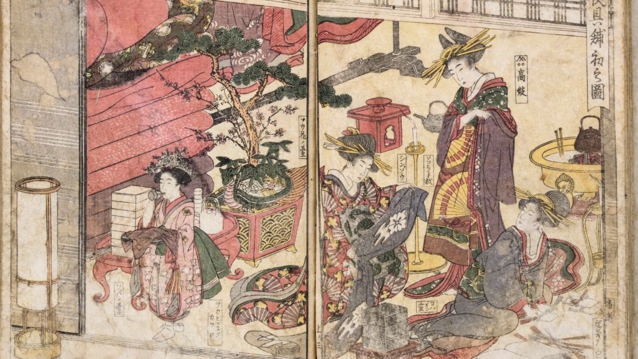 Japanese woodblock print depicting women in kimonos in a traditional interior.