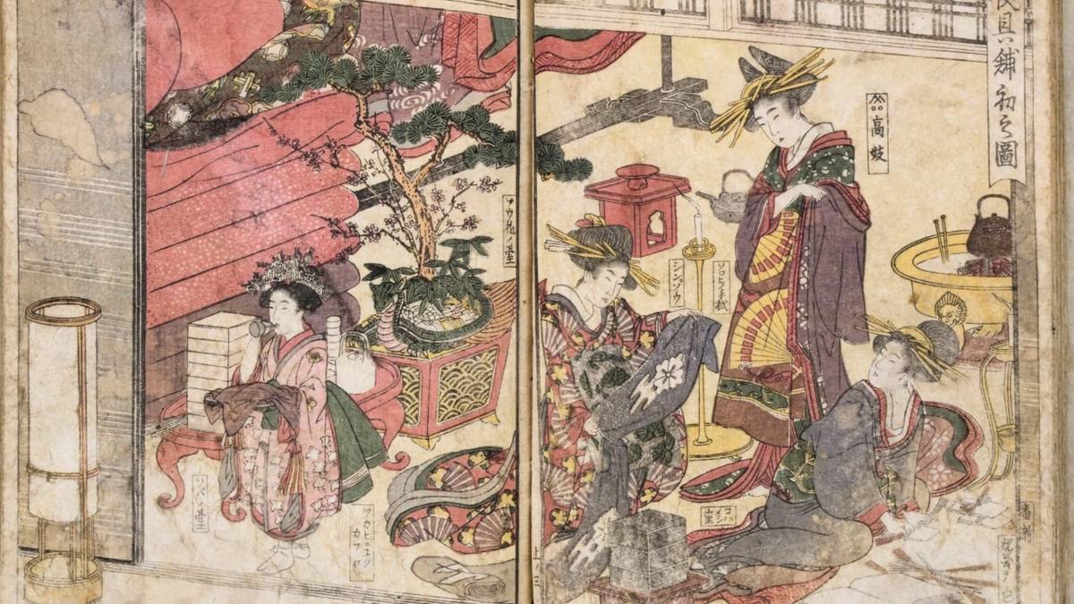 Japanese woodblock print depicting women in kimonos in a traditional interior.