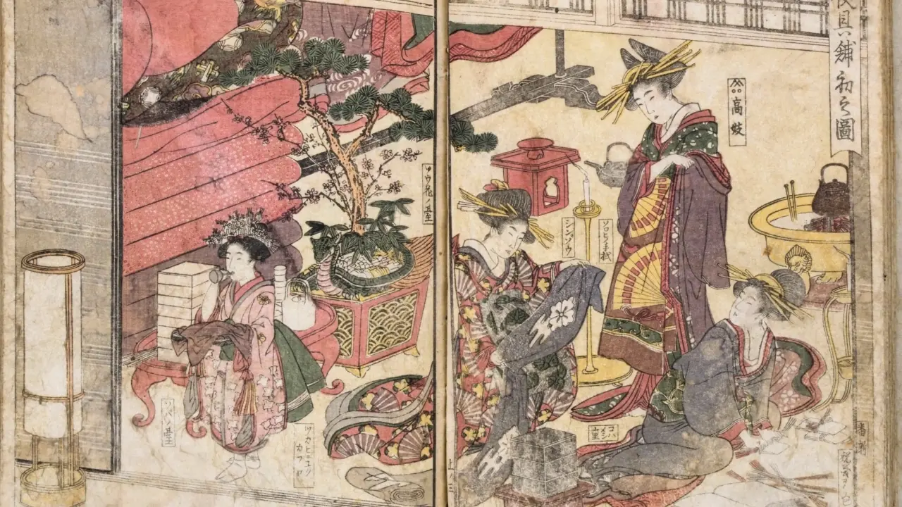 Japanese woodblock print depicting women in kimonos in a traditional interior.