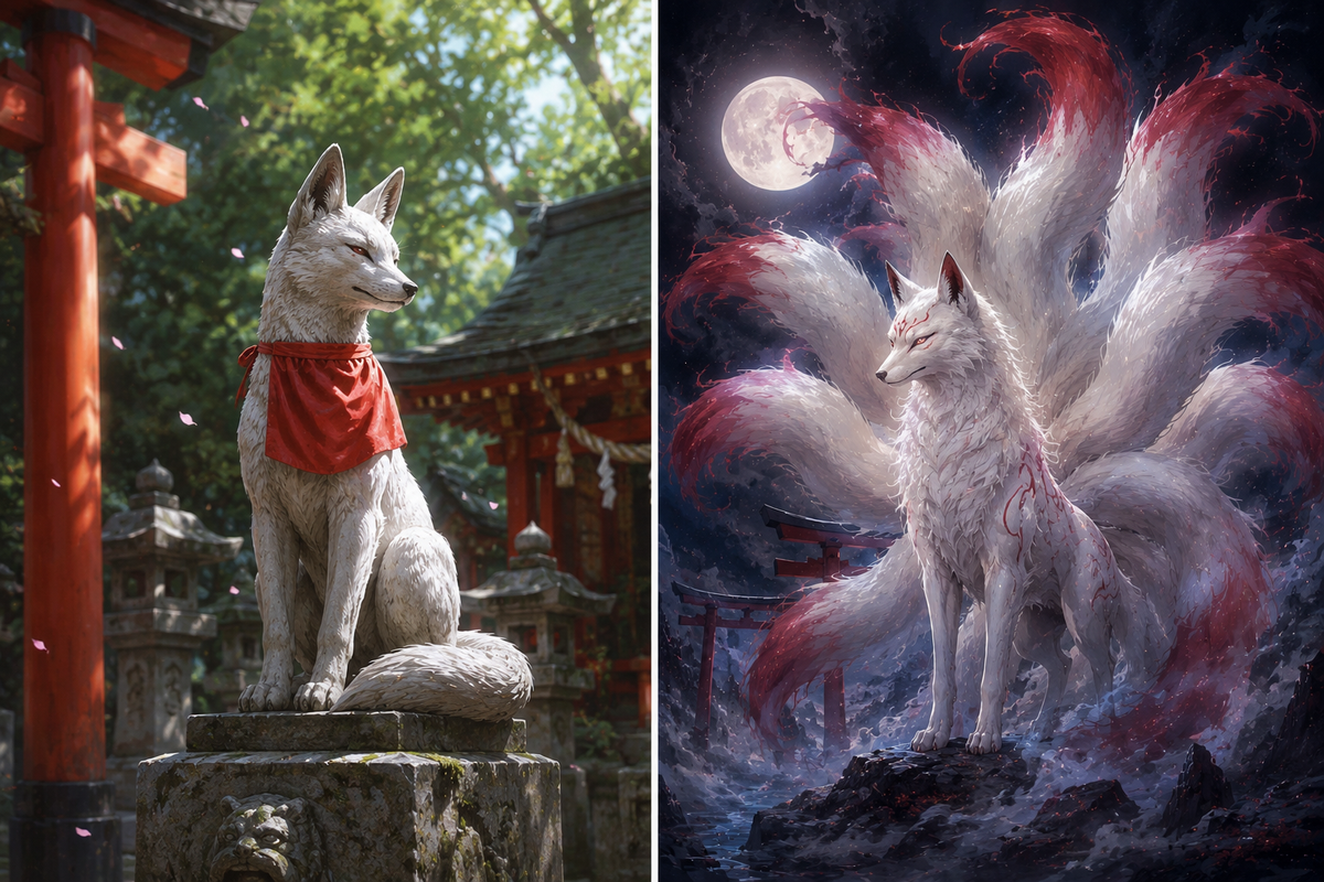 Two images: a white fox statue with a red bib at a Japanese shrine, and an illustrated nine-tailed white fox with red markings under a full moon.