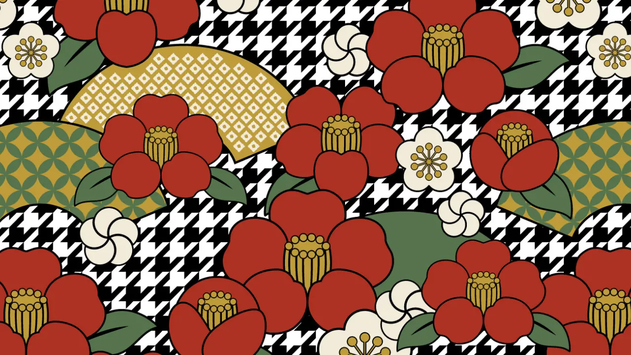 A seamless pattern with red camellia flowers, small white flowers