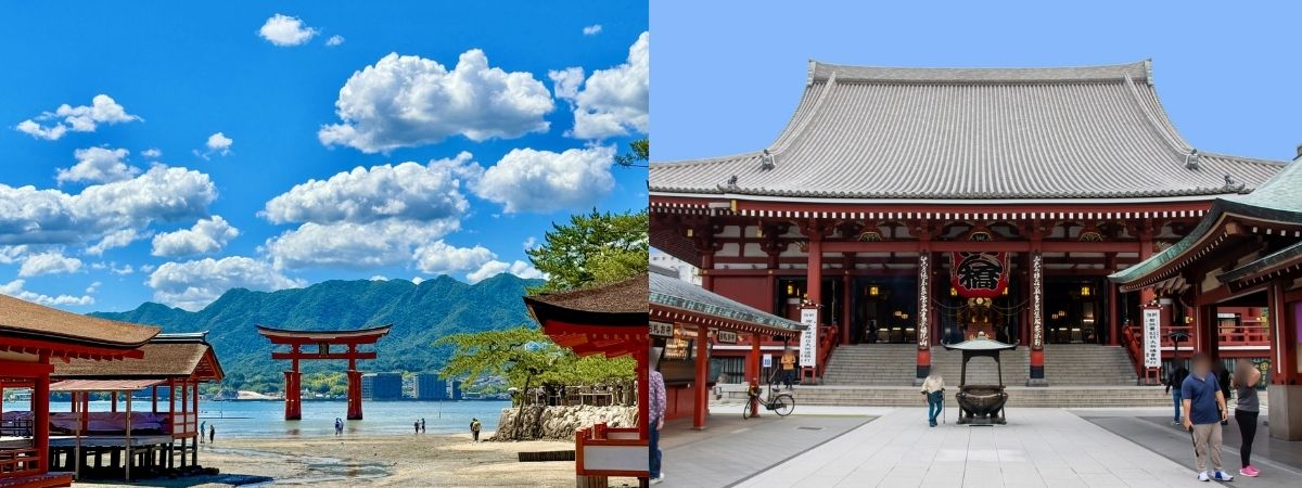 A diptych showing the red floating torii gate of Itsukushima Shrine and the main hall of Senso-ji Temple.