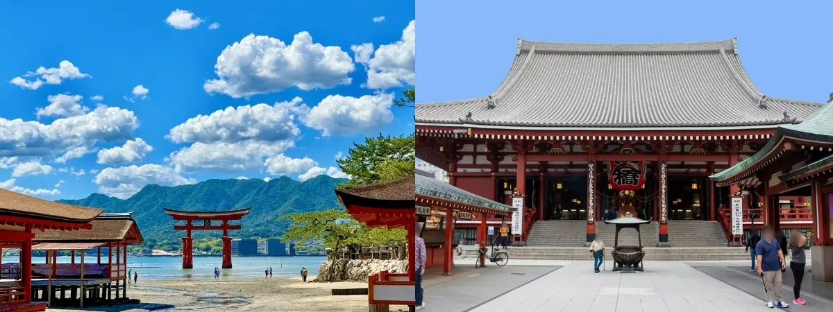 A diptych showing the red floating torii gate of Itsukushima Shrine and the main hall of Senso-ji Temple.