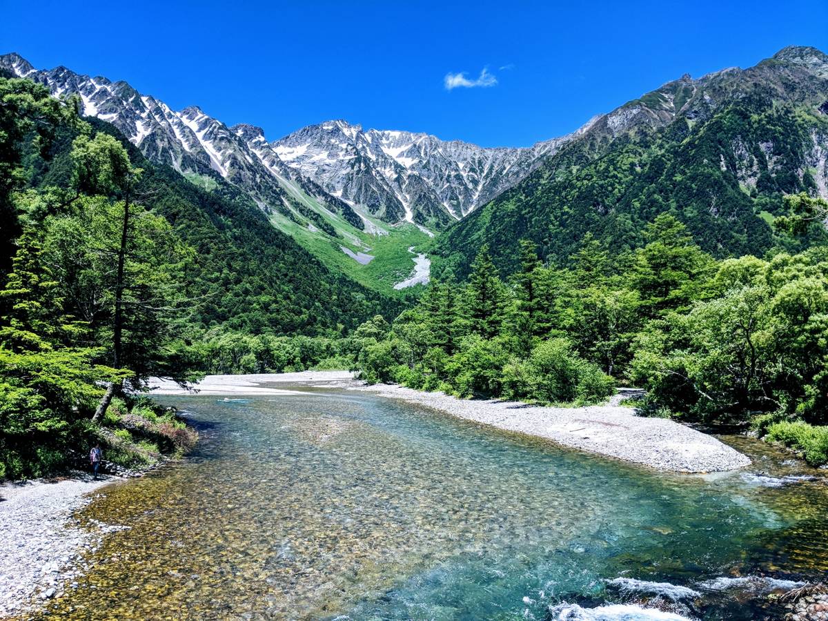 A clear river flows through a valley with green forests and snow-capped mountains under a blue sky.