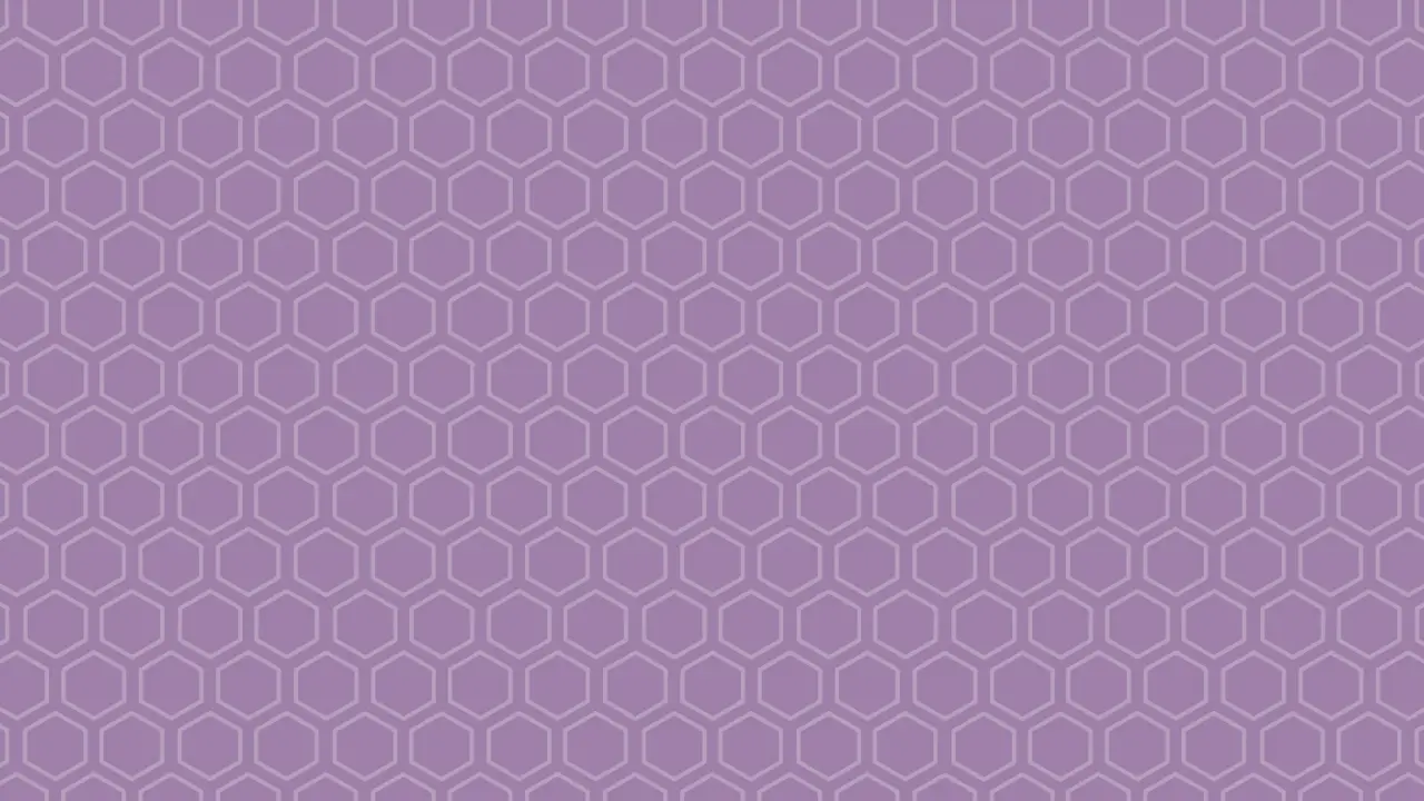Purple background with a light grey hexagonal pattern.
