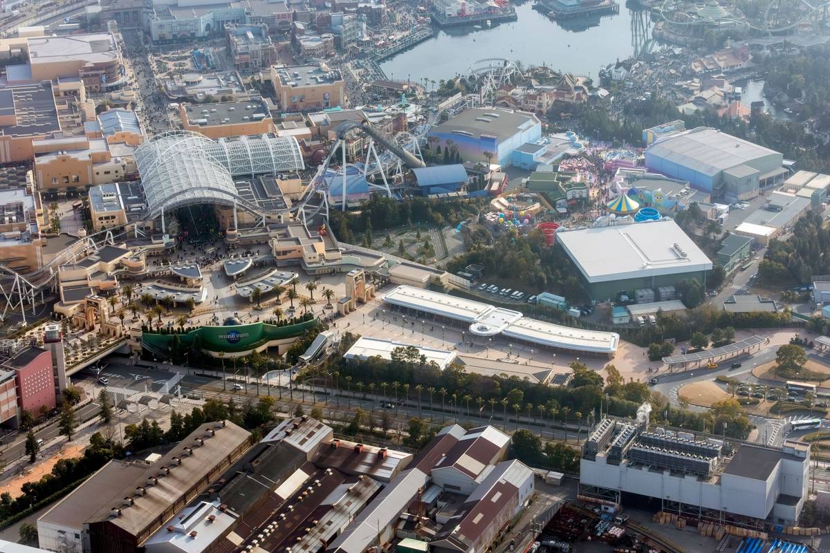 Aerial view of Universal Studios Japan amusement park and surrounding urban landscape.