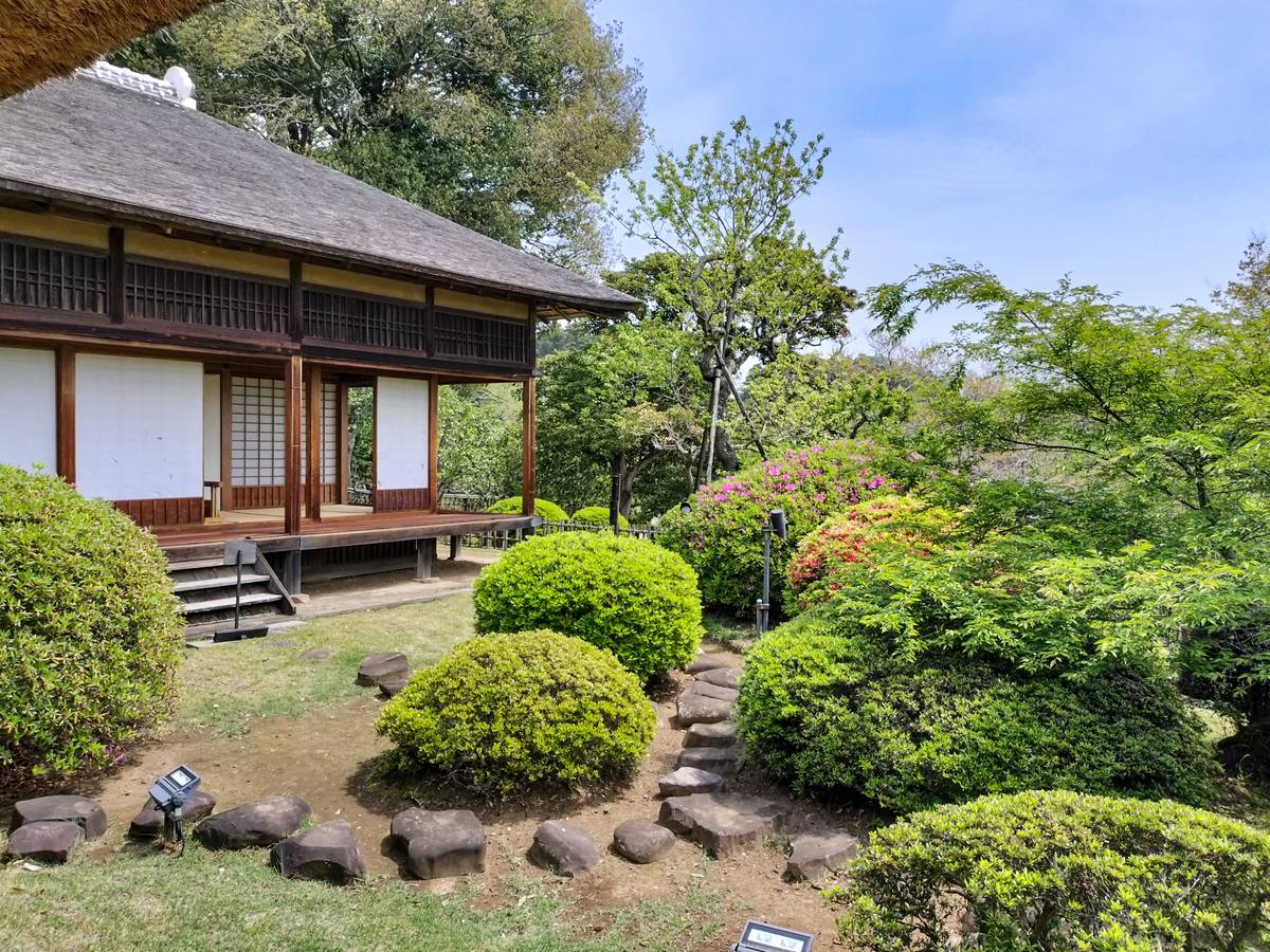 A traditional Japanese house with a thatched roof in a lush garden with green bushes, colorful flowers, and a stone path.