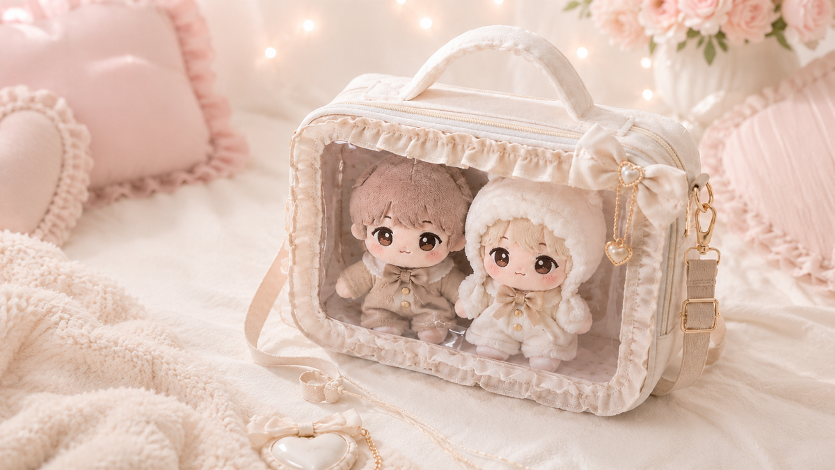 Two plush dolls in a cream ruffled display bag on a soft pastel bed.