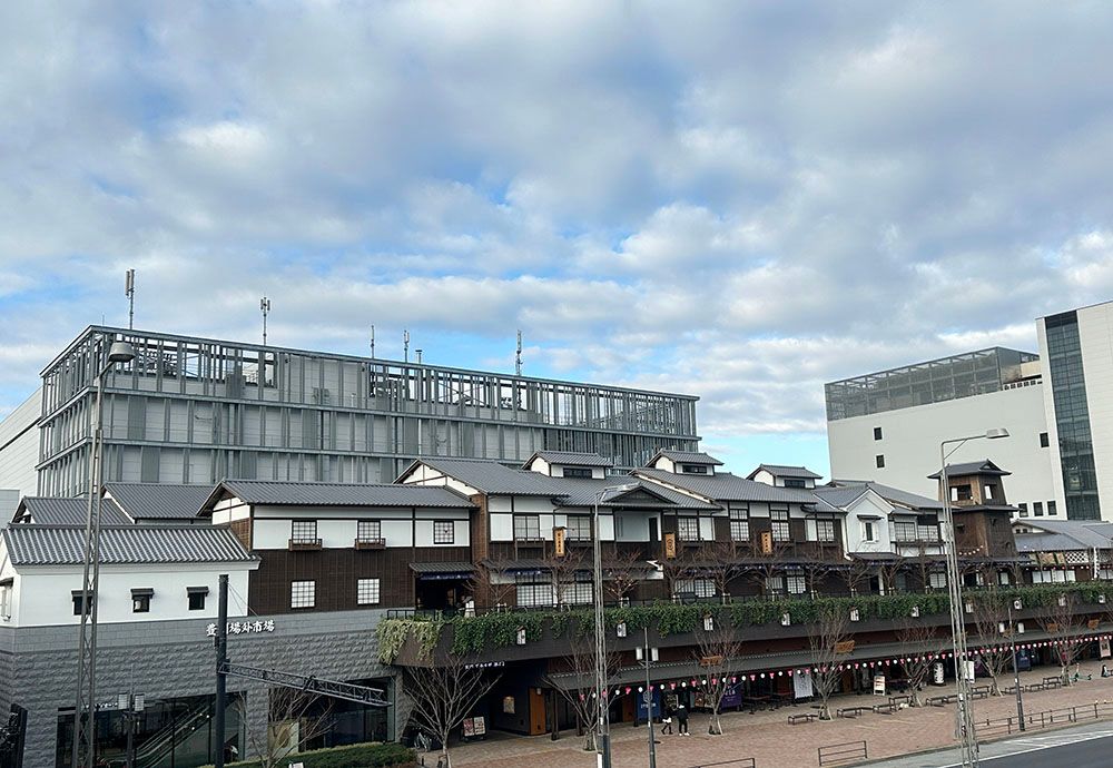 Row of traditional Japanese-style buildings in front of modern high-rises under a cloudy sky.