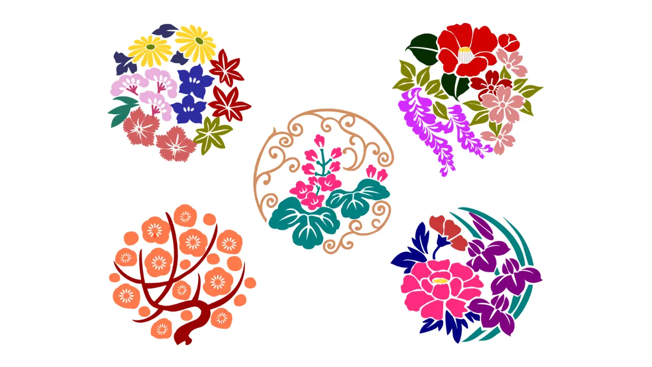 Five colorful, stylized Japanese floral designs on a white background.