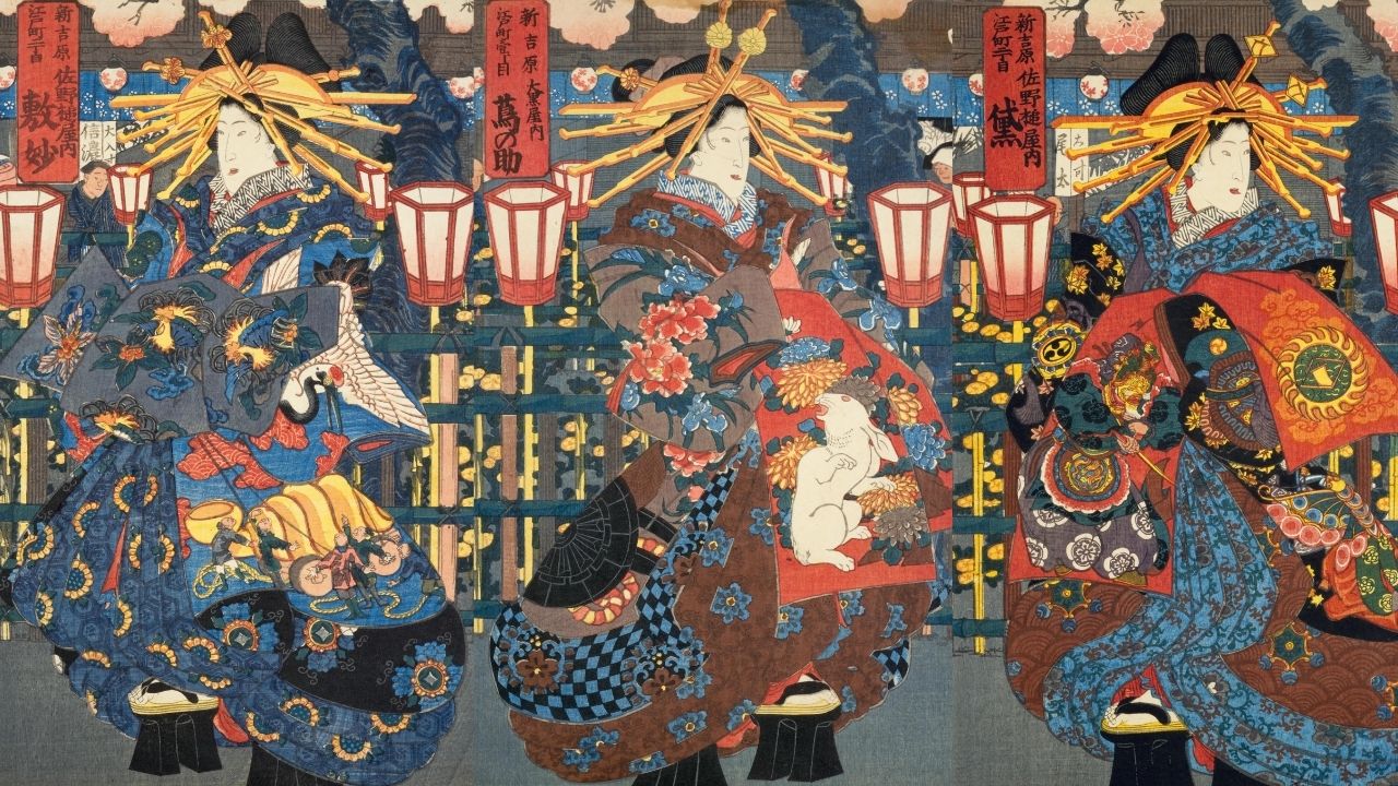 Ukiyo-e woodblock print triptych depicting three elaborately dressed Japanese women