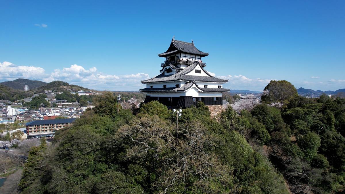 A multi-tiered Japanese castle atop a forested hill, overlooking a town under a clear blue sky.