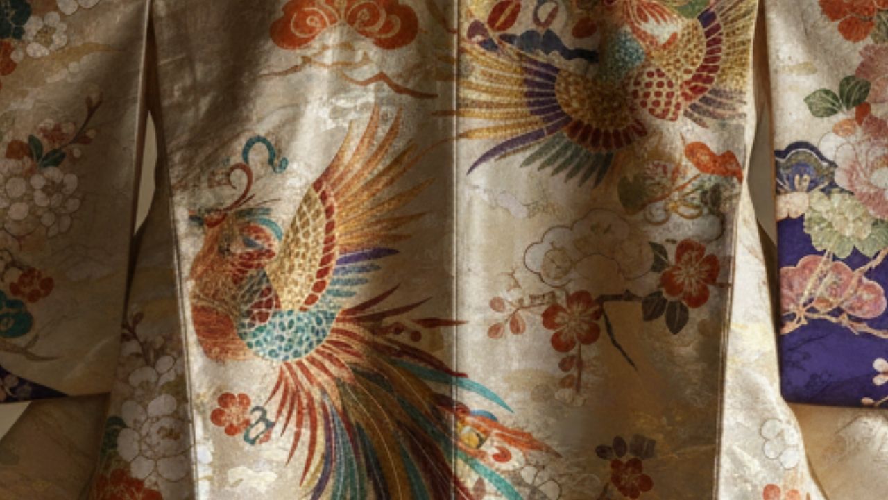 Close-up of a golden kimono with colorful embroidered phoenixes, flowers, and clouds.