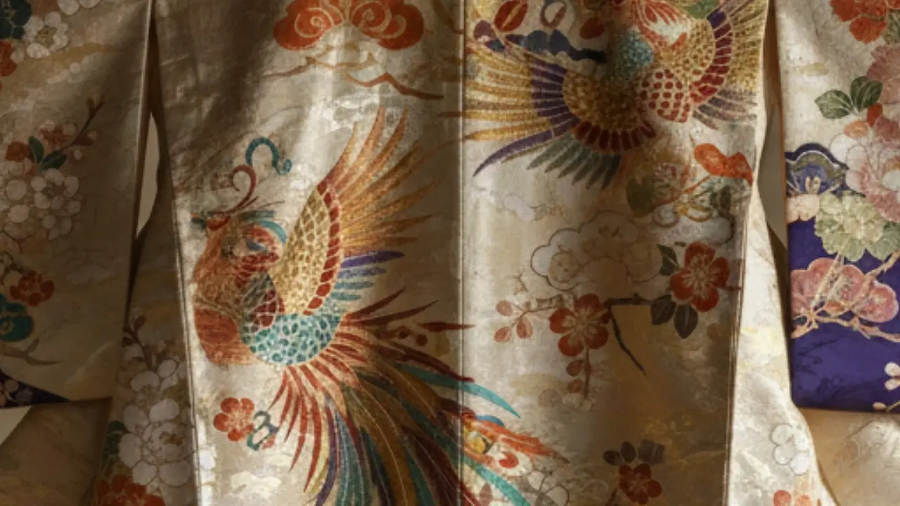 Close-up of a golden kimono with colorful embroidered phoenixes, flowers, and clouds.