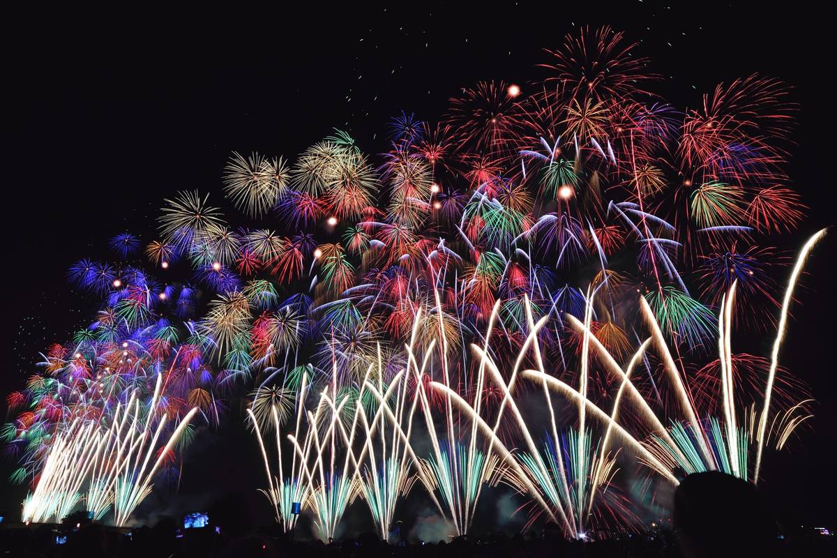 Colorful fireworks burst and streak across the night sky above a silhouetted crowd.