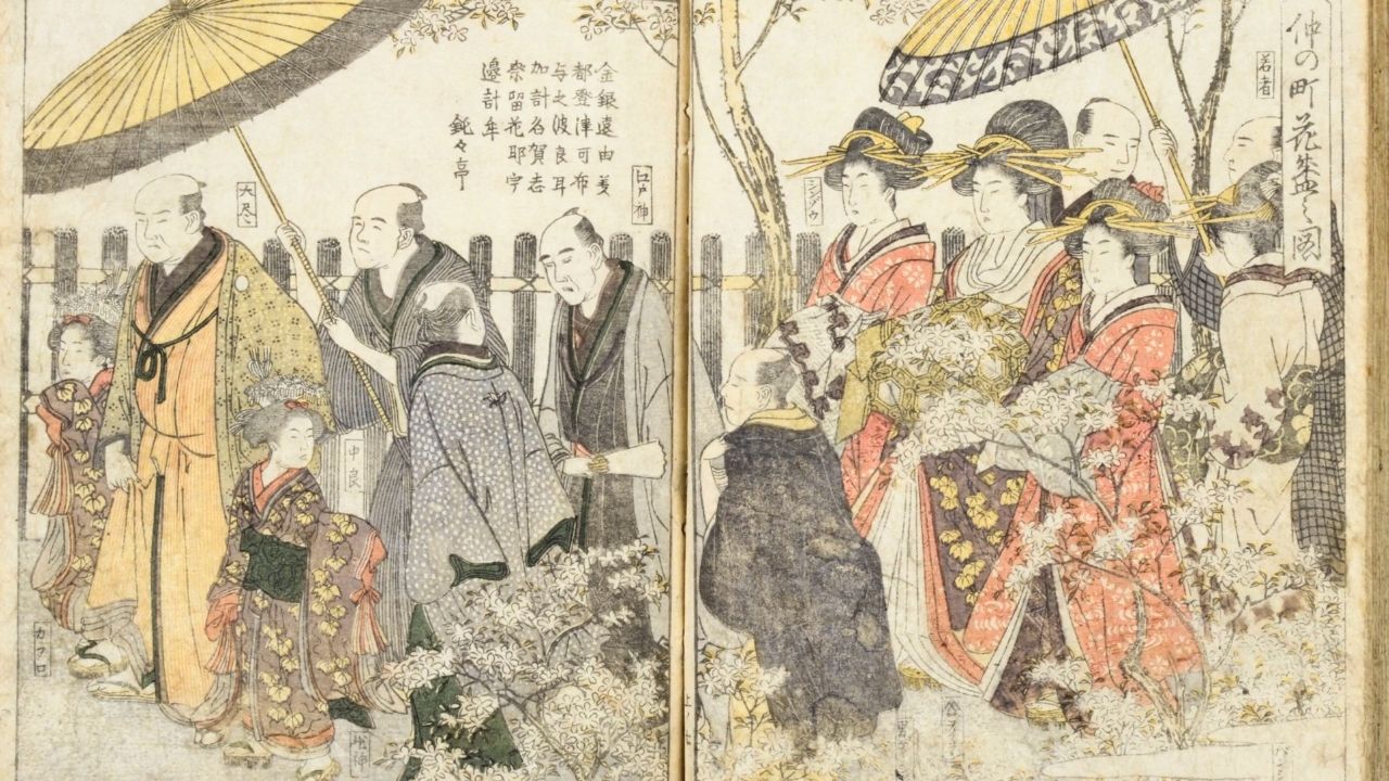 Japanese woodblock print depicting people in traditional attire, some holding umbrellas, among cherry blossoms.