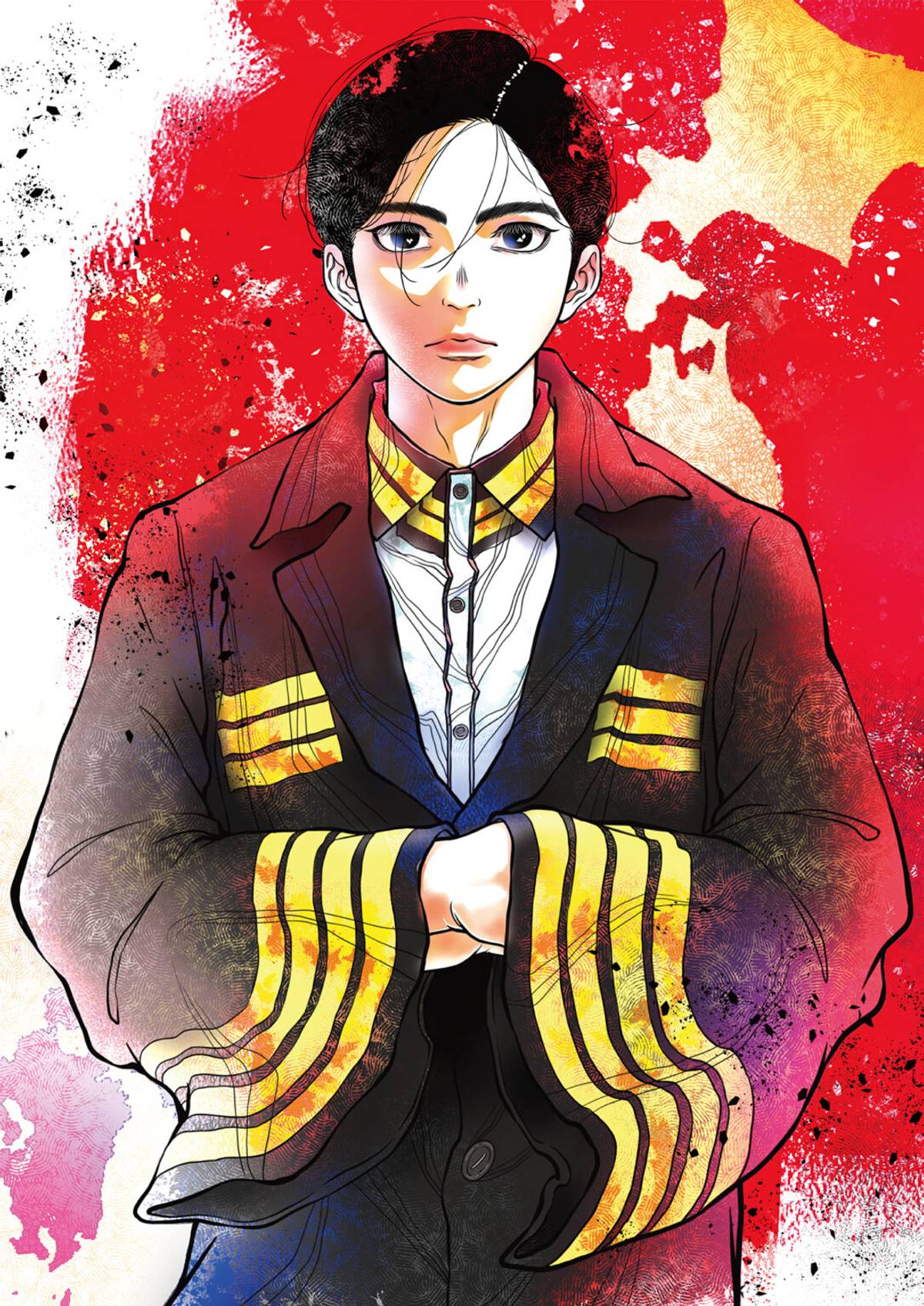 Anime-style young man with black hair and blue eyes, wearing a black jacket with yellow stripes and a white shirt, against a red and white textured background.