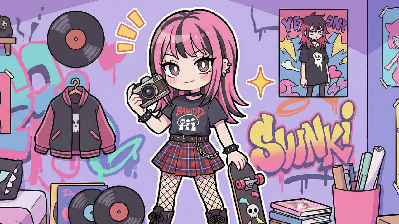 Anime-style punk girl with pink and black hair, holding a camera and a skull-decorated skateboard