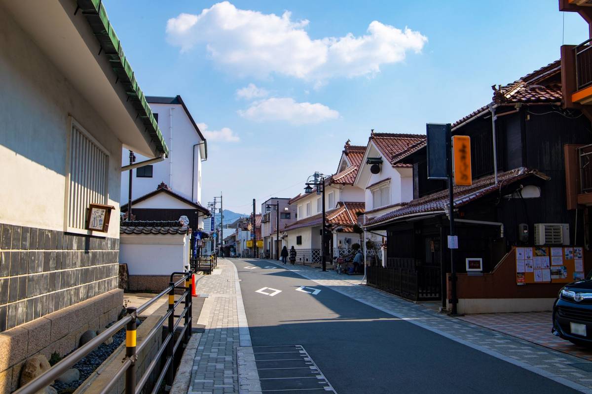 A traditional Japanese street lined with houses under a blue sky with mountains in the distance.