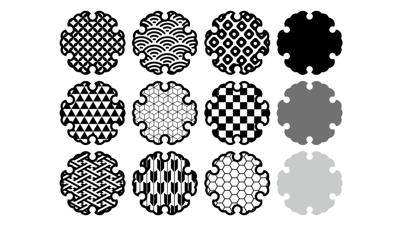 Twelve Japanese traditional patterns in black, white, and gray, each contained within a scalloped circular shape.