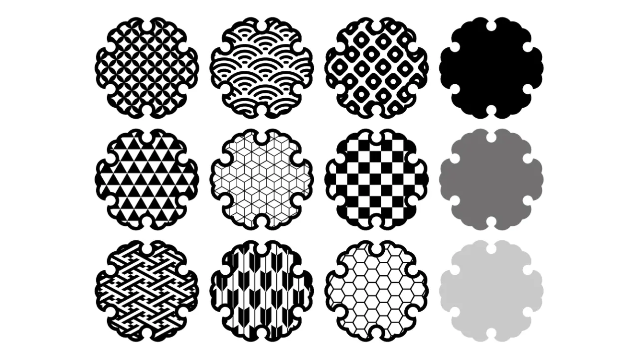 Twelve Japanese traditional patterns in black, white, and gray, each contained within a scalloped circular shape.