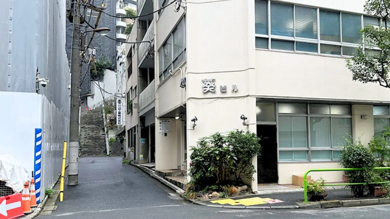A narrow city alley leading to stone stairs, flanked by a building and a construction barrier.