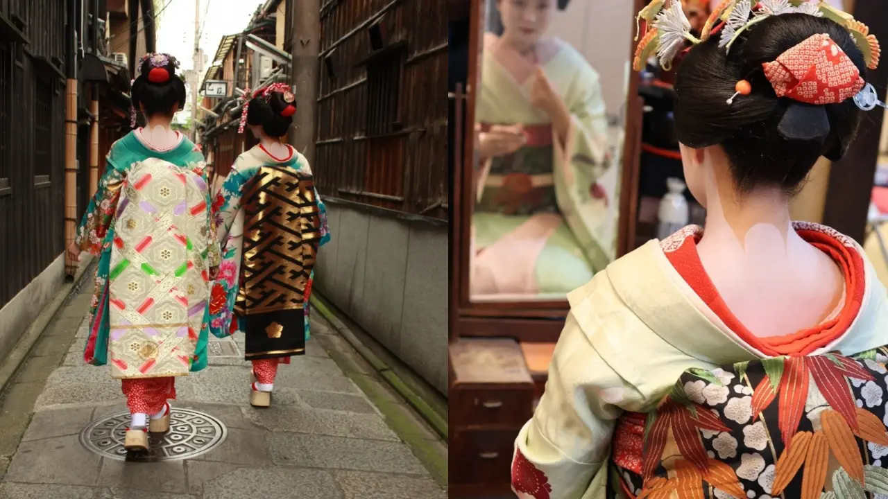 A split image shows two women in ornate kimonos walking down an alley, and another woman in a kimono looking into a mirror.