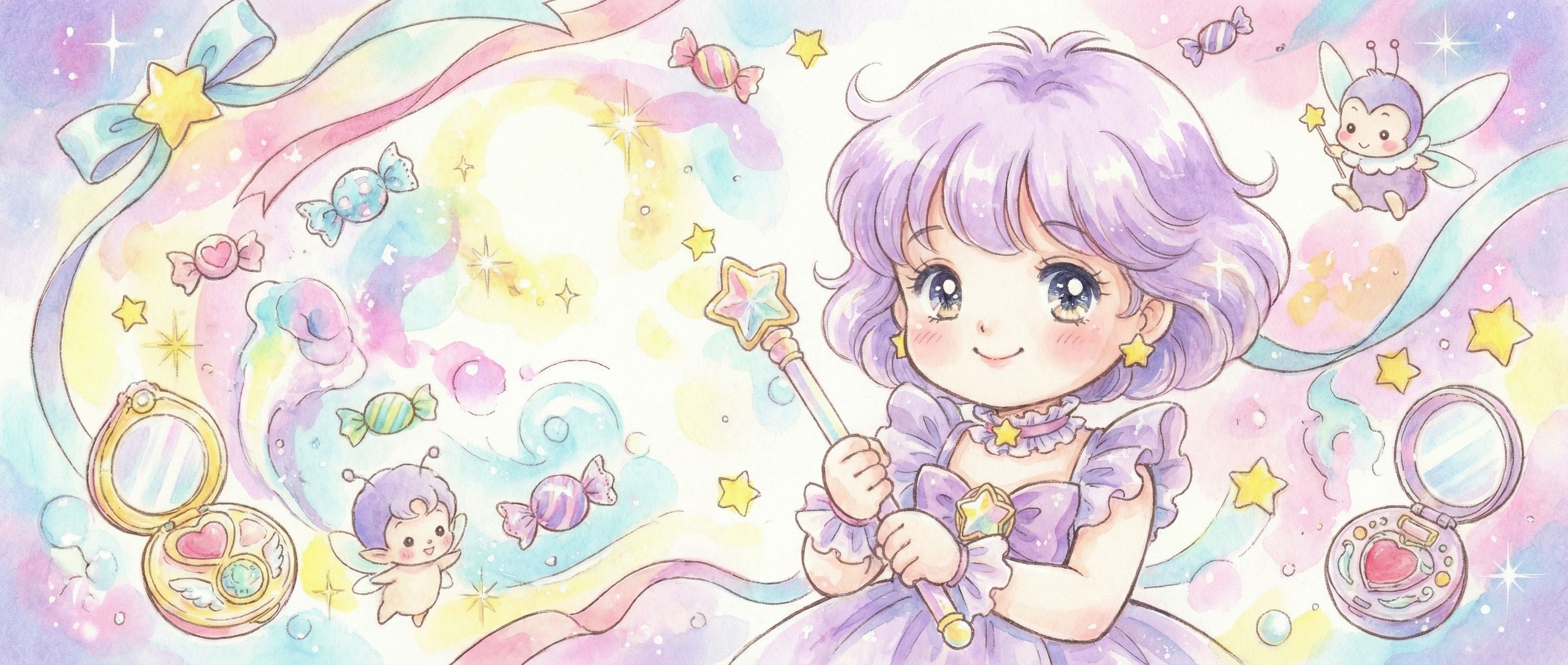 Smiling anime girl with lavender hair and purple dress holding a star wand
