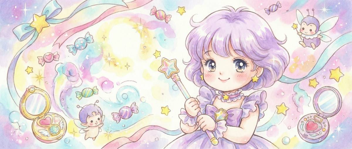 Smiling anime girl with lavender hair and purple dress holding a star wand