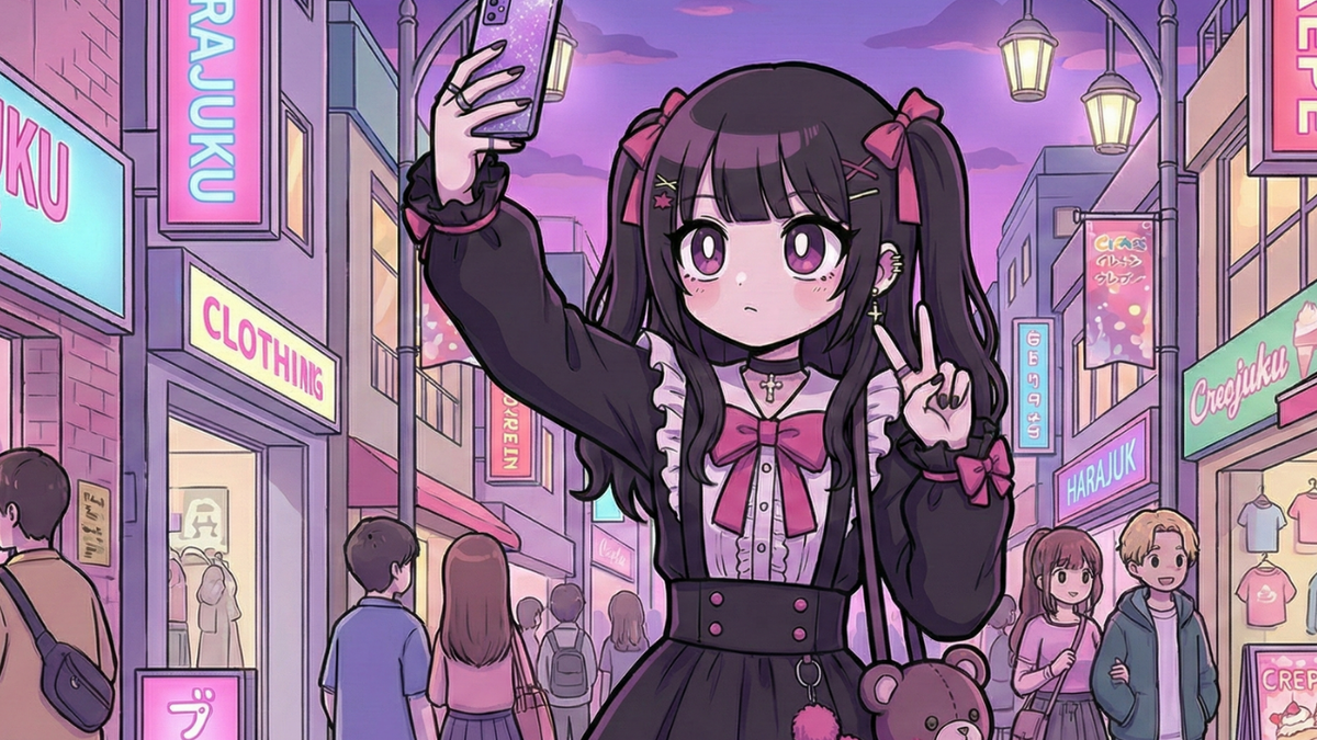 An anime girl with black pigtails in a gothic-style dress takes a selfie and flashes a peace sign