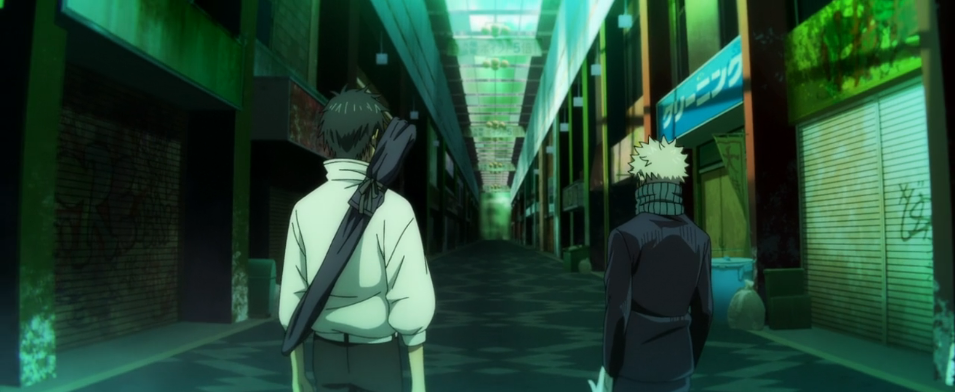Two anime characters walk away down a dark, green-tinged alley lined with closed shops.