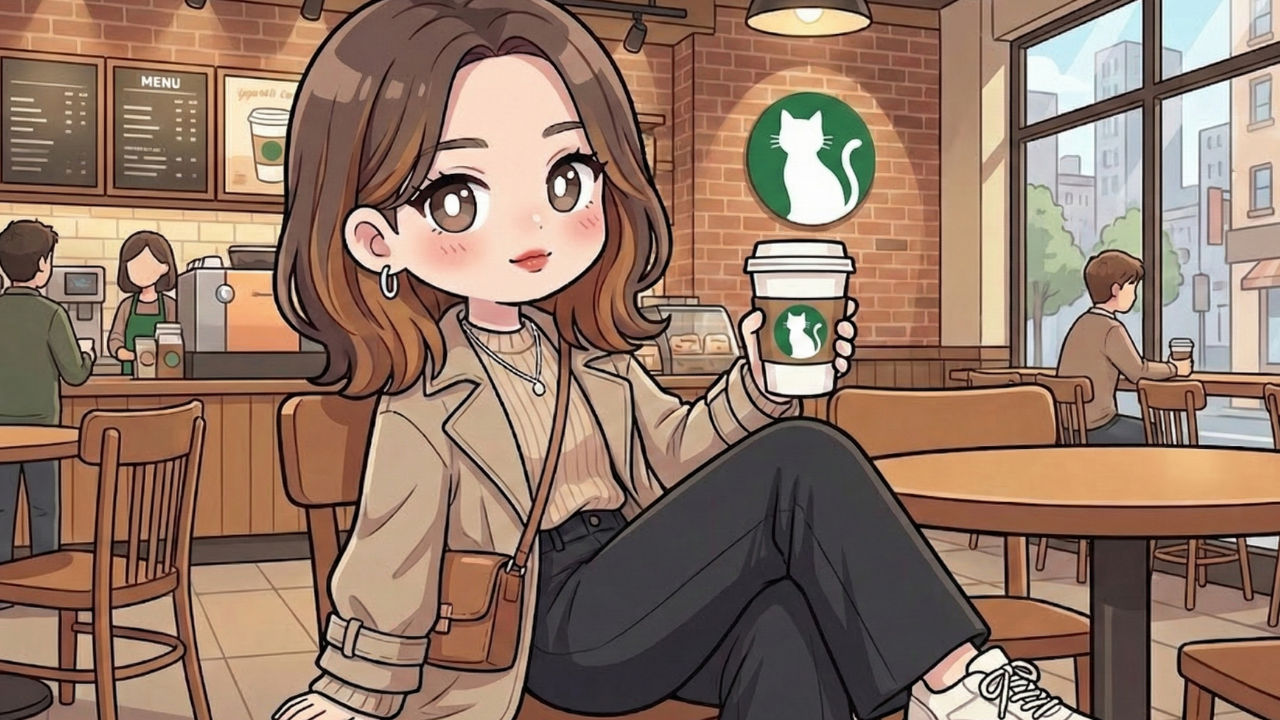 Anime-style woman sitting in a cafe with a cat logo, holding a coffee cup.