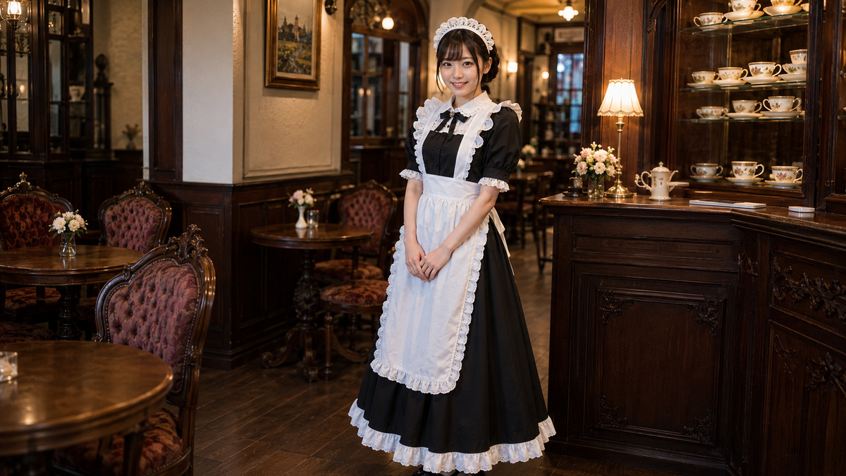 A smiling young woman in a maid uniform stands in a vintage-style cafe.