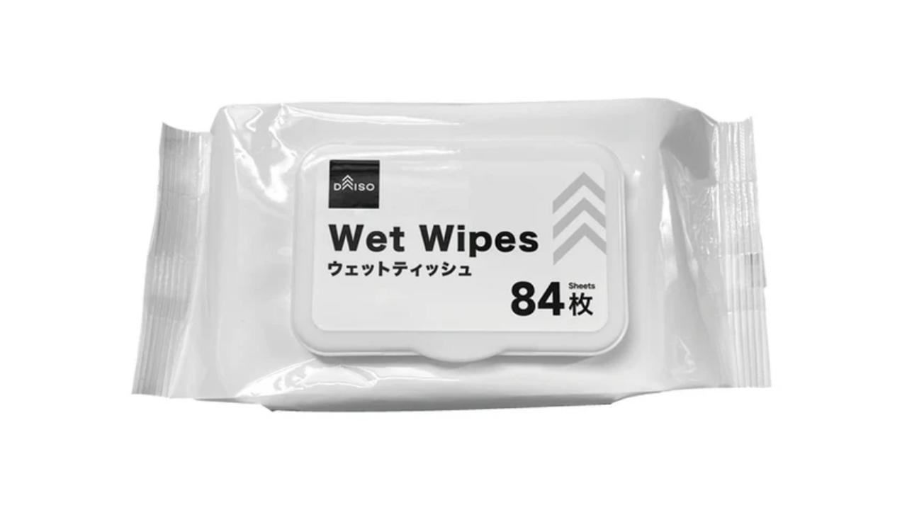 A white package of Daiso Wet Wipes with a grey lid, indicating 84 sheets.