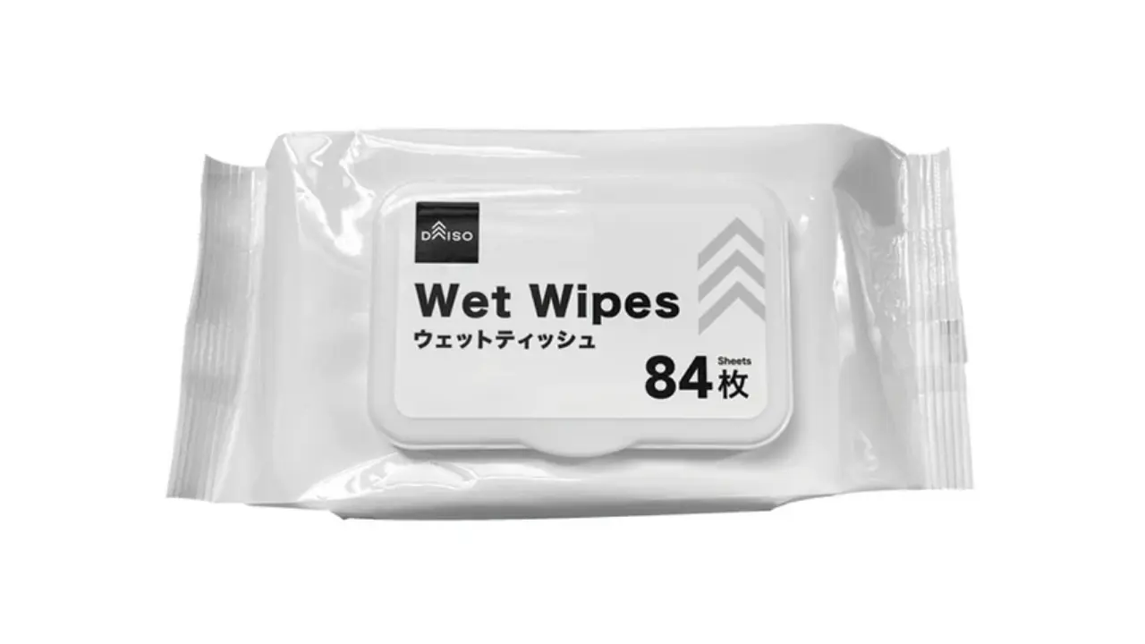 A white package of Daiso Wet Wipes with a grey lid, indicating 84 sheets.