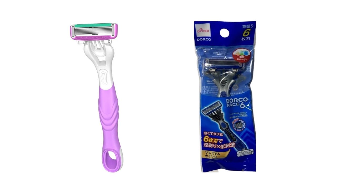 A purple and white women's razor next to a blue packaged Dorco Pace 6 men's razor.