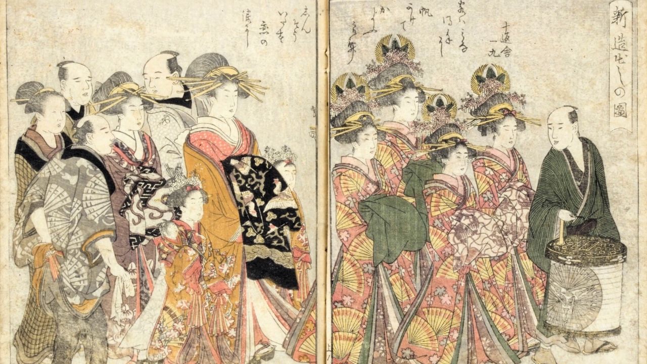 Woodblock print of a large group of Japanese people in colorful kimonos and elaborate hairstyles
