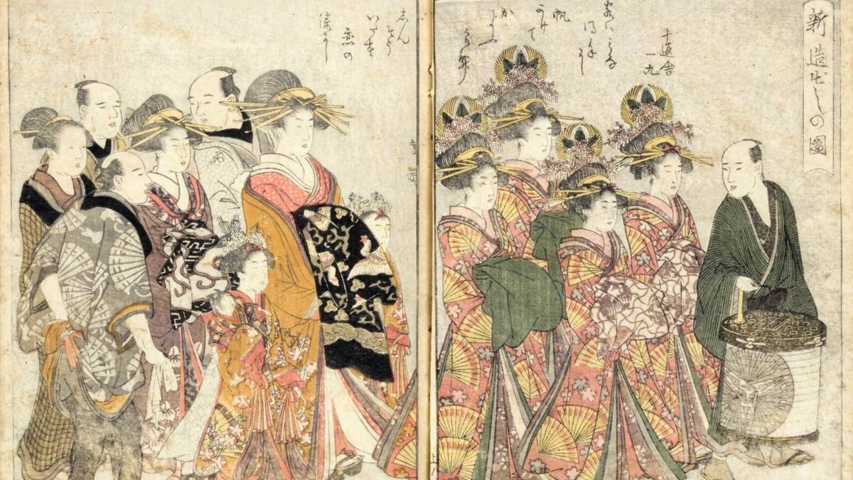 Woodblock print of a large group of Japanese people in colorful kimonos and elaborate hairstyles