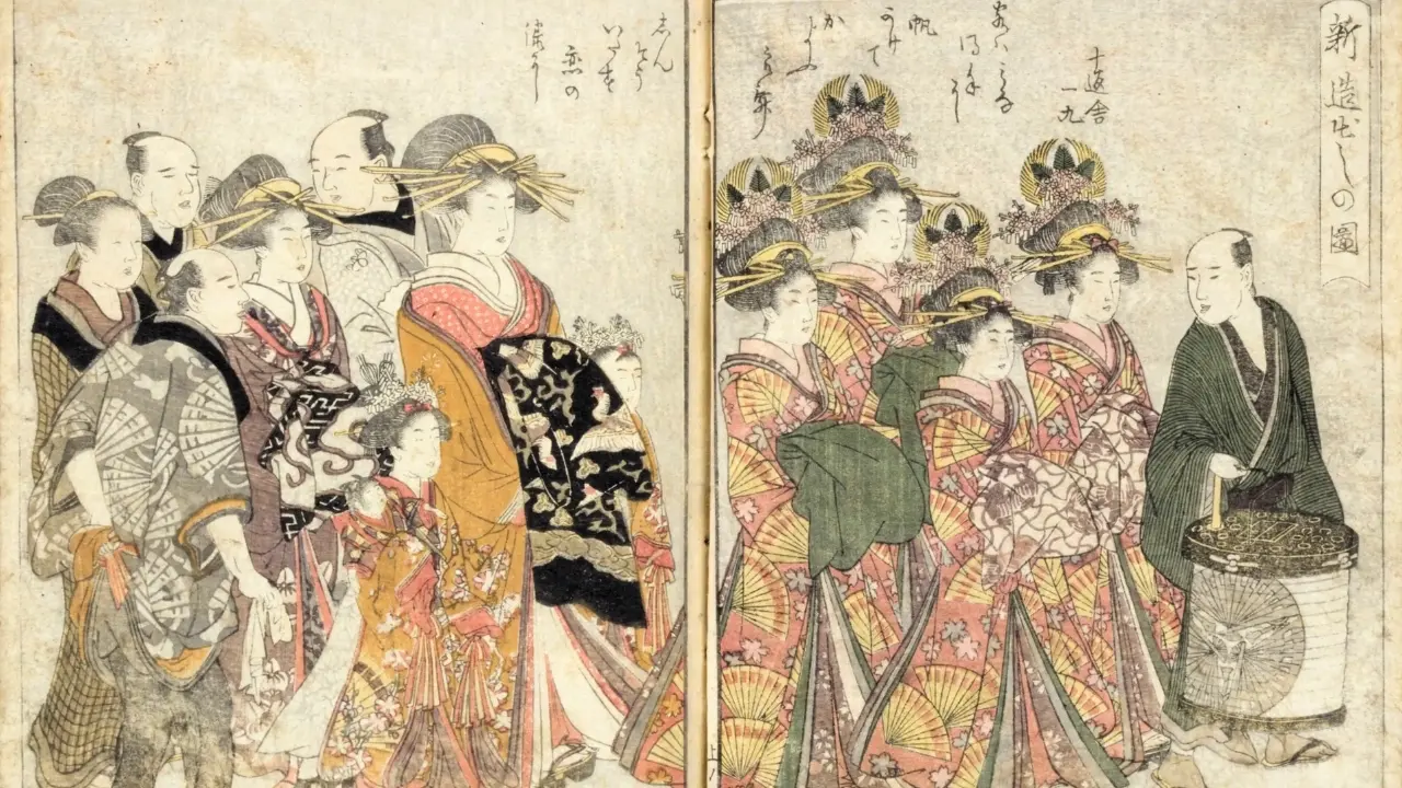 Woodblock print of a large group of Japanese people in colorful kimonos and elaborate hairstyles