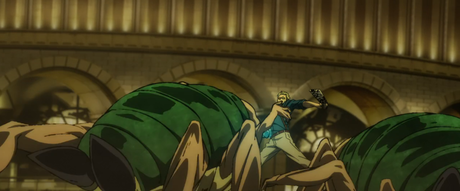 A blonde man battles giant green insects in a dark, arched hall.