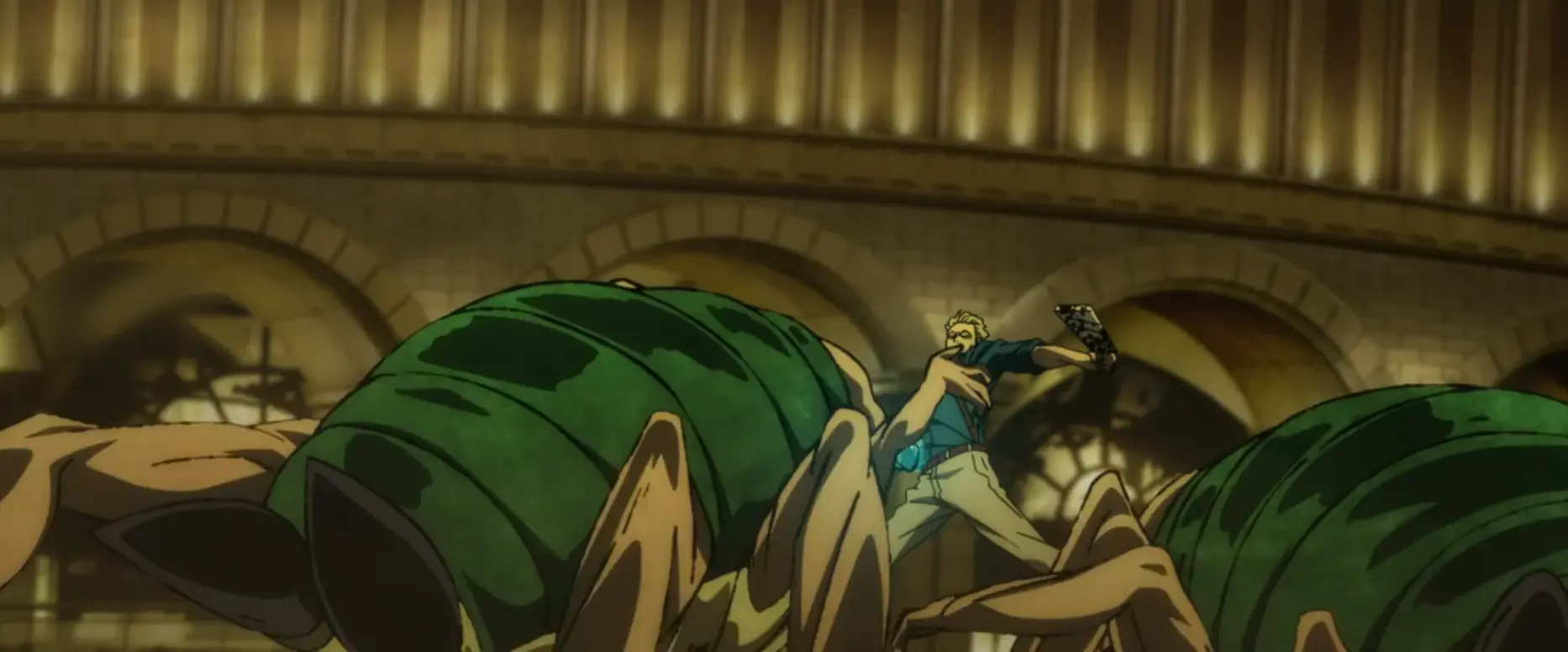 A blonde man battles giant green insects in a dark, arched hall.