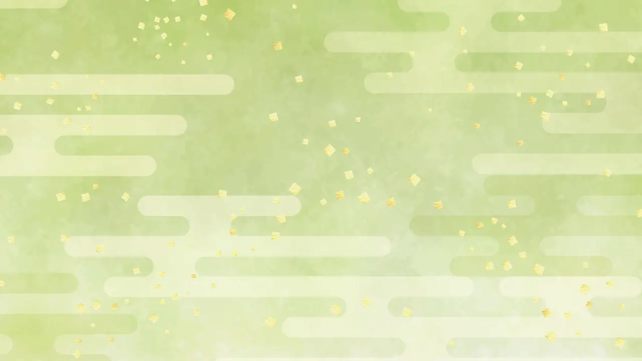 Green watercolor background with light green cloud patterns and scattered gold flecks.