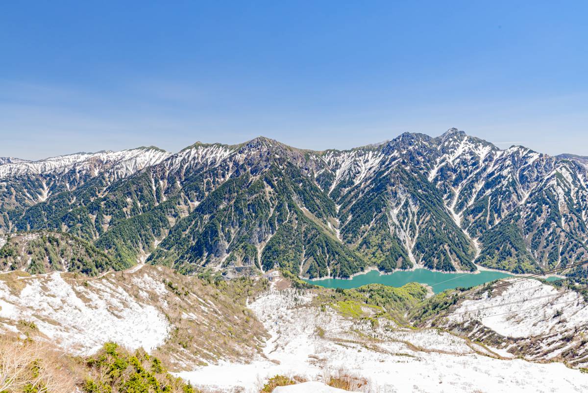 Mountain landscape featuring patchy snow, green forests, and a turquoise lake.