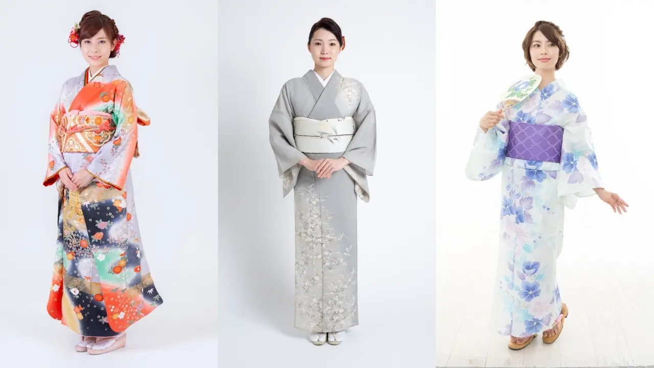 Three women modeling different traditional Japanese kimonos and a yukata.