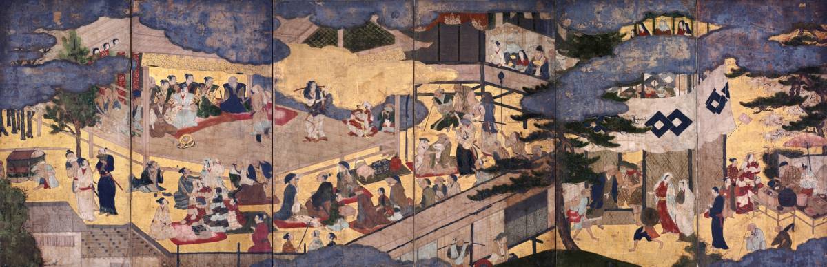 a painting of a group of people standing next to each other on a wall .