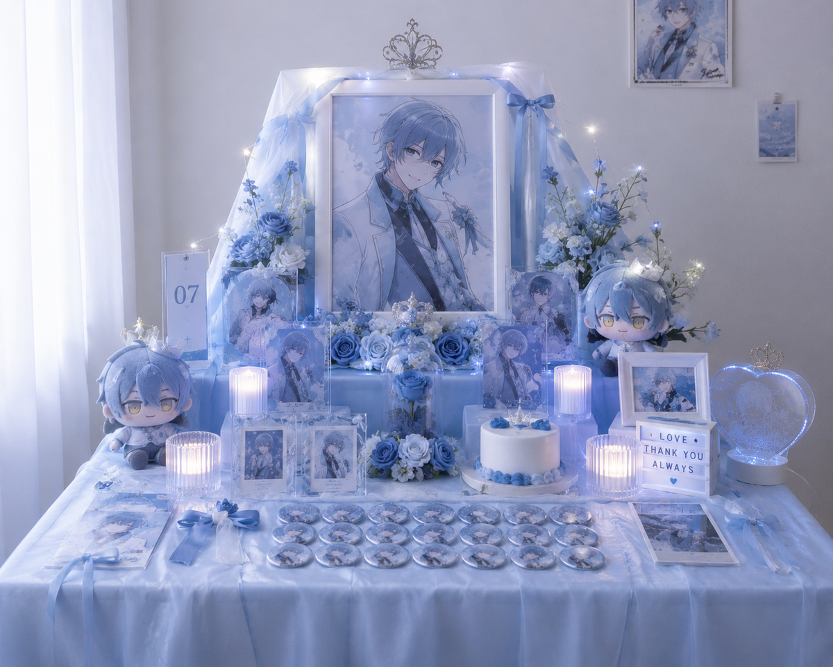 An elaborate blue-themed fan shrine dedicated to an anime character, featuring a large portrait, plush dolls, flowers, candles, a cake, and various merchandise.