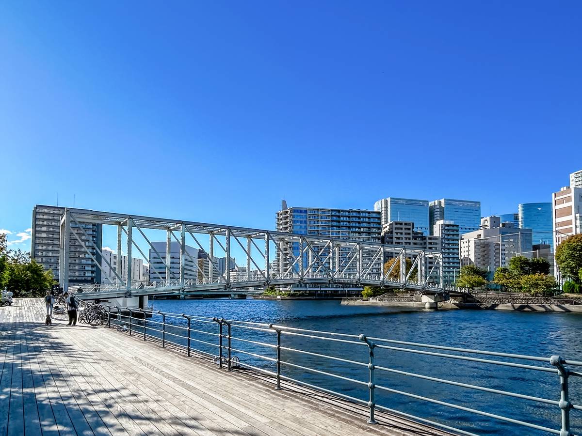 A wooden promenade along a river with a white truss bridge, a city skyline, and a clear blue sky.