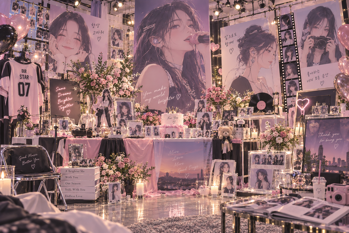 A fan event room decorated with illustrated posters of a woman, pink and black fabrics, flowers, candles, photos, and merchandise.