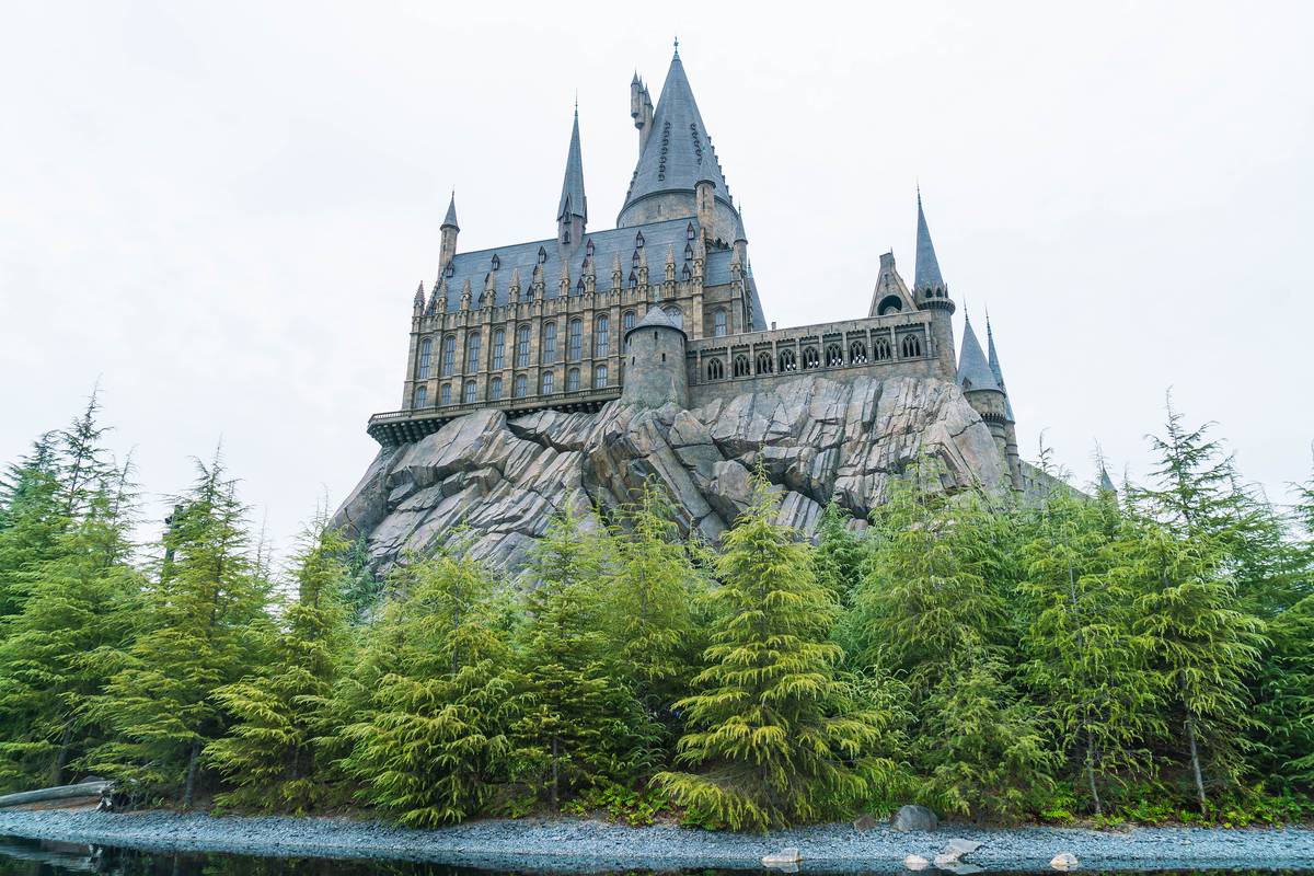 Hogwarts Castle atop a rocky cliff, surrounded by pine trees and reflected in calm water.